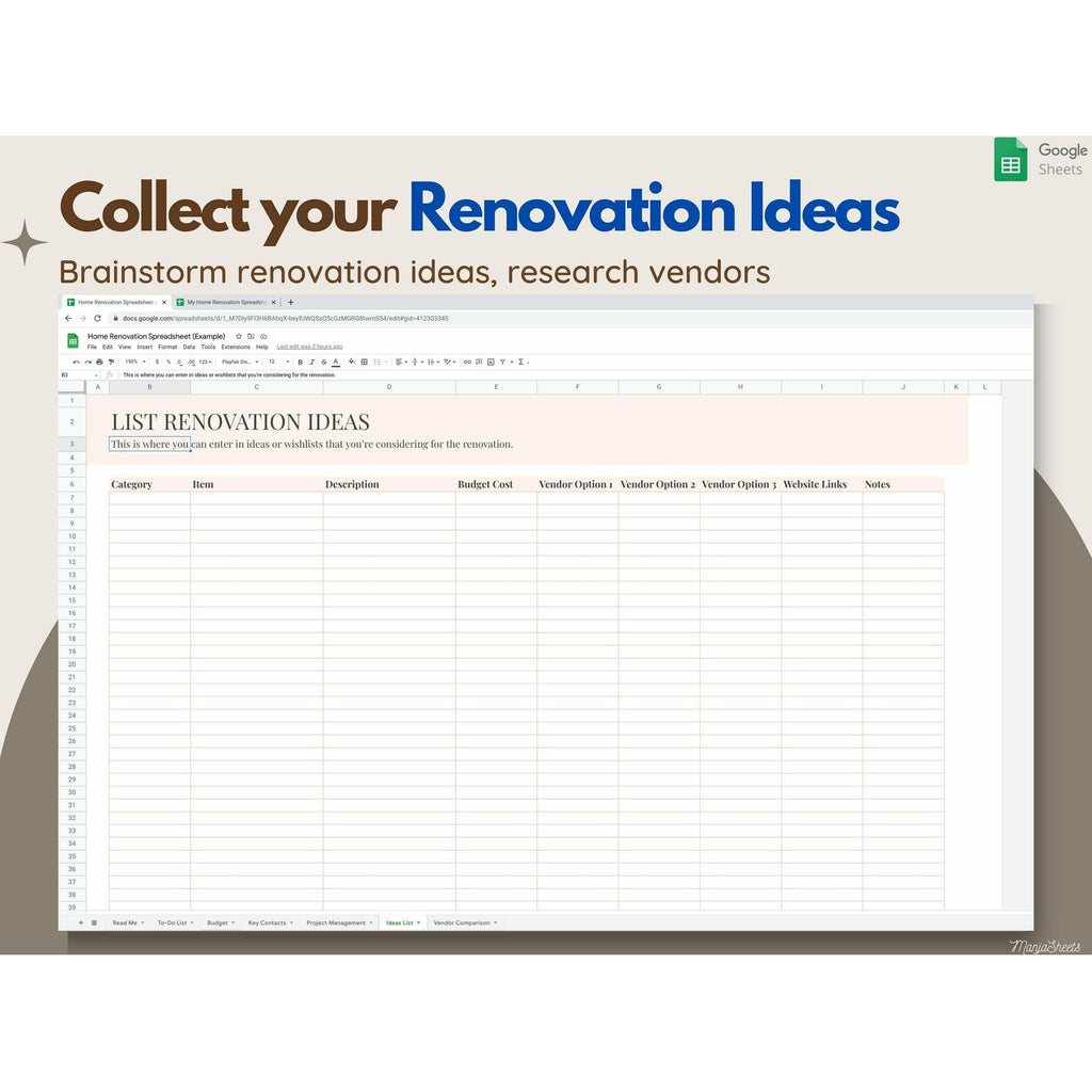 Home Renovation Budget Template & Planner - Google Sheets