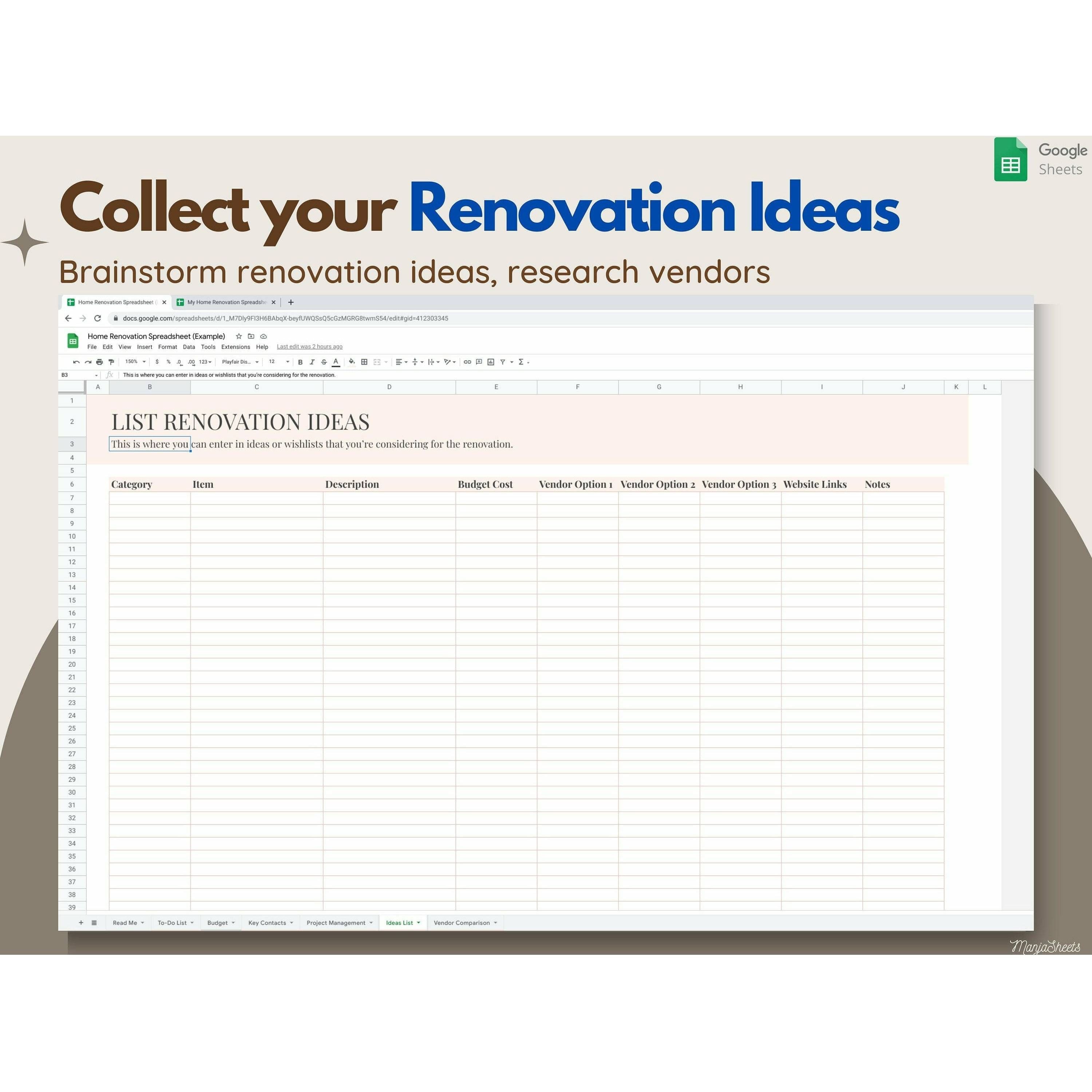 Home Renovation Budget Template & Planner - Google Sheets