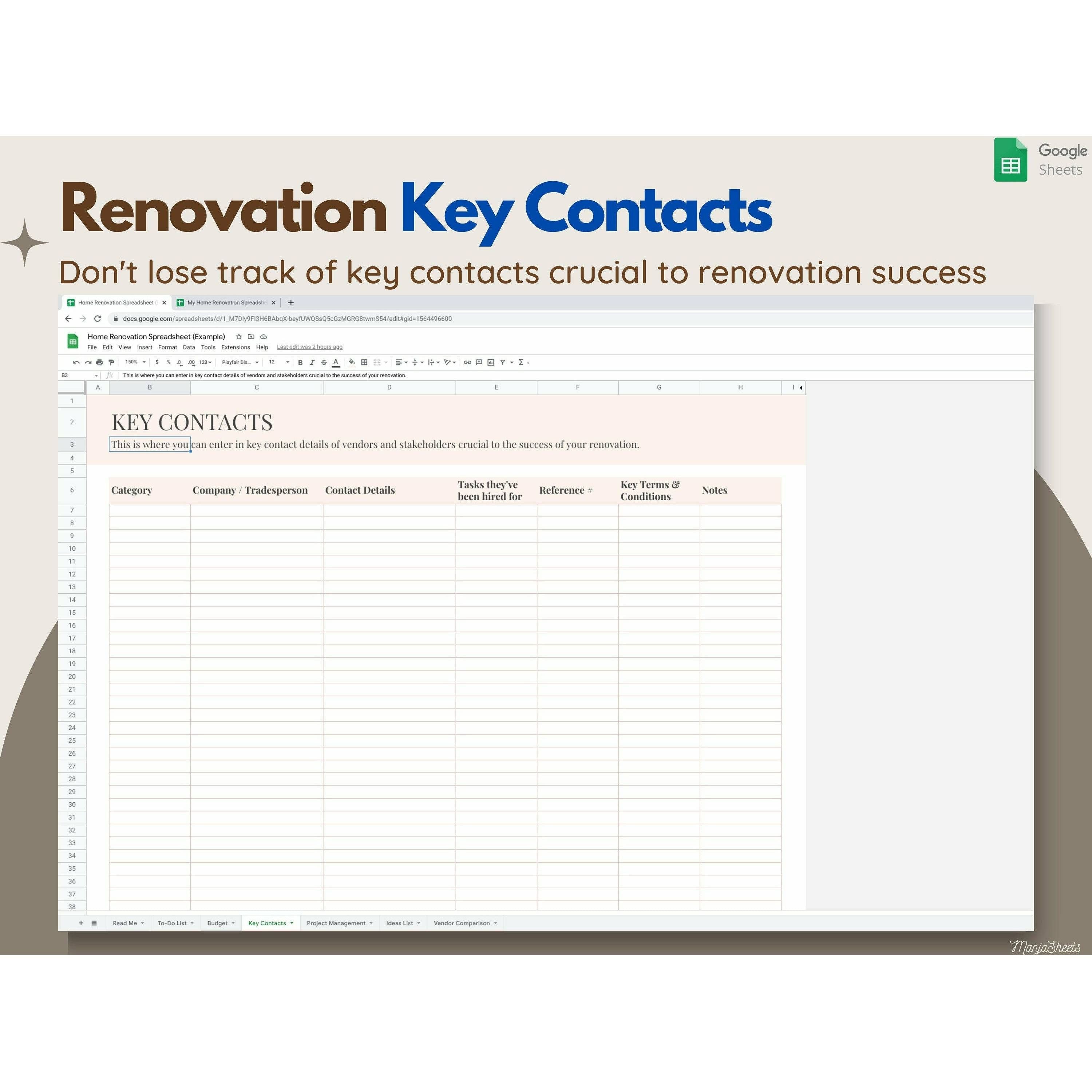 Home Renovation Budget Template & Planner - Google Sheets