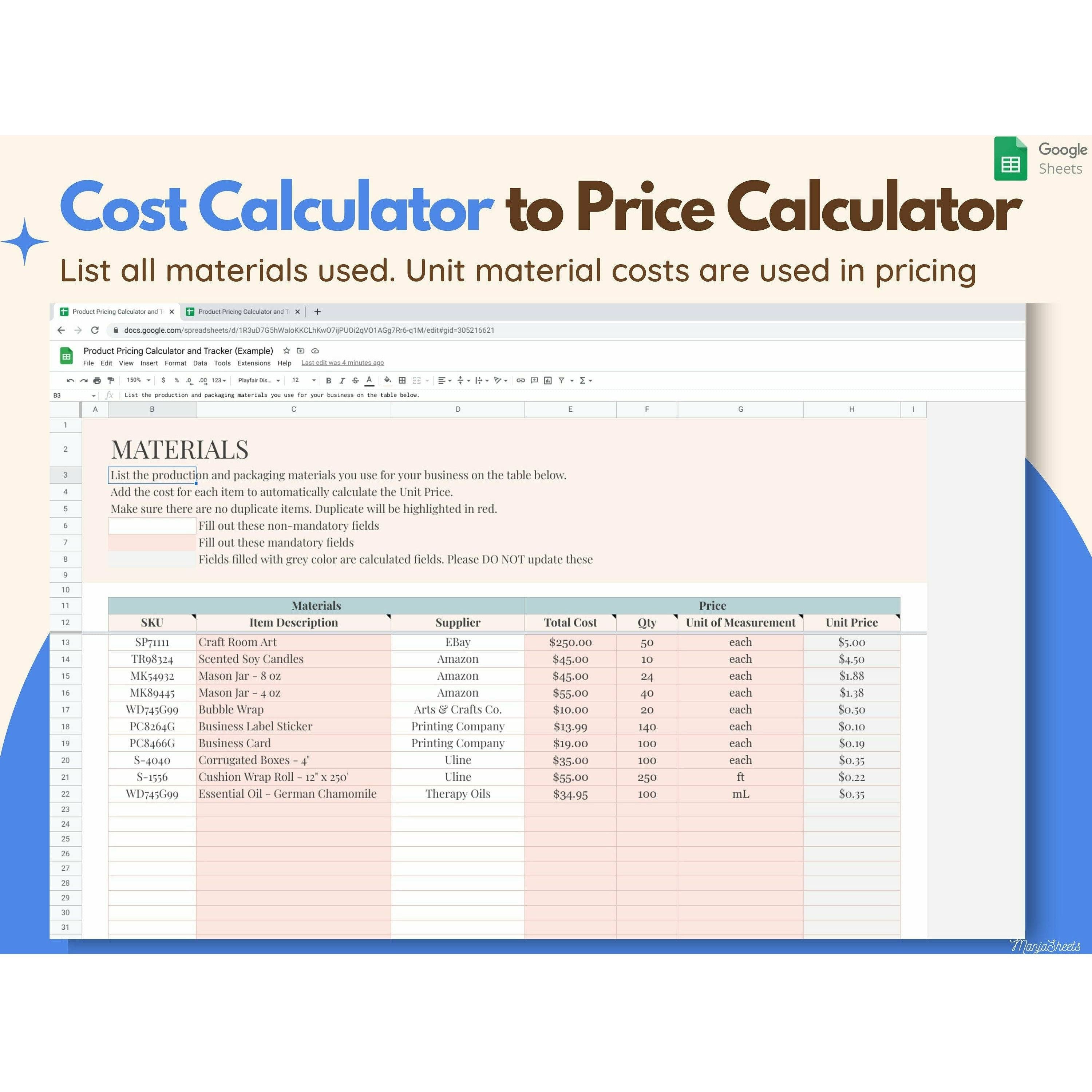 Handmade Product Pricing Calculator Google Sheets